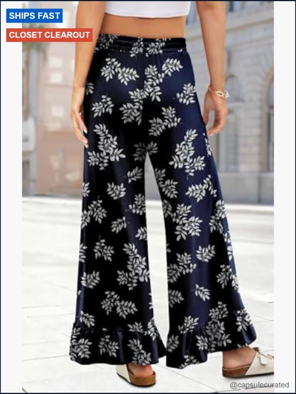 Wide Leg Palazzo Lounge Pants Drawstring Elastic High Waisted Ruffle Hem Pockets - Picture 3 of 5